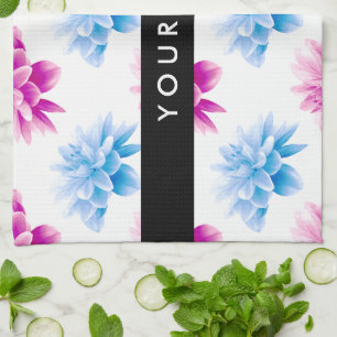 Rosa und blaue Dahlien, Blumenmuster, Ihr Name Geschirrtuch