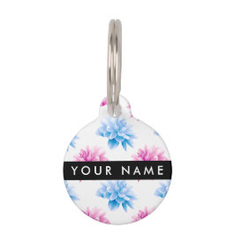 Rosa und blaue Dahlien, Blumenmuster, Ihr Name Haustiermarke