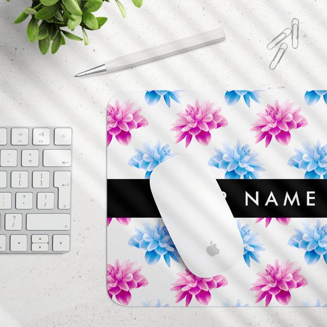 Rosa und blaue Dahlien, Blumenmuster, Ihr Name Mousepad (Von Creator hochgeladen)
