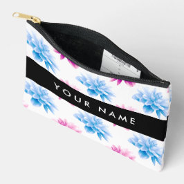 Rosa und blaue Dahlien, Blumenmuster, Ihr Name Zubehörtasche