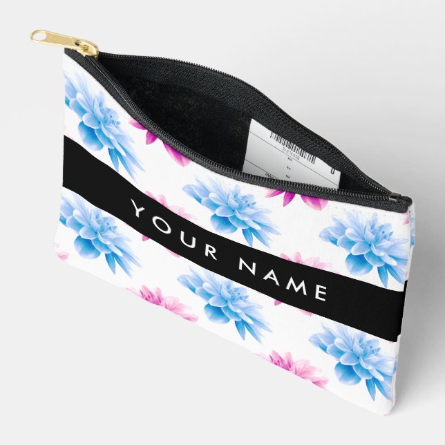 Rosa und blaue Dahlien, Blumenmuster, Ihr Name Zubehörtasche (Offen)