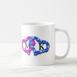 Rosa und blaue Doppelmonogramm Floral Valentine Kaffeetasse