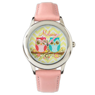 Rosa und blaue Eulen - kundenspezifische Armbanduhr