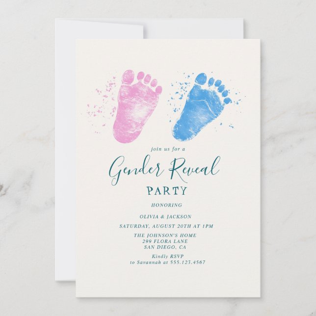 Rosa und blaue Fußstapfen Gender Reveal Party Einladung (Vorderseite)