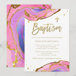 Rosa und blaue Geode mit Gold Cross Taufe Einladung