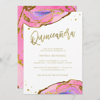 Rosa und blaue Geode mit Gold | Quinceanera Einladung
