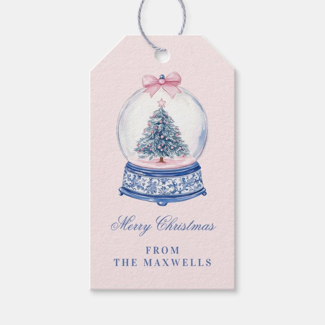 Rosa und blaue Grandmillennial Snow Globe Geschenkanhänger (Vorderseite)