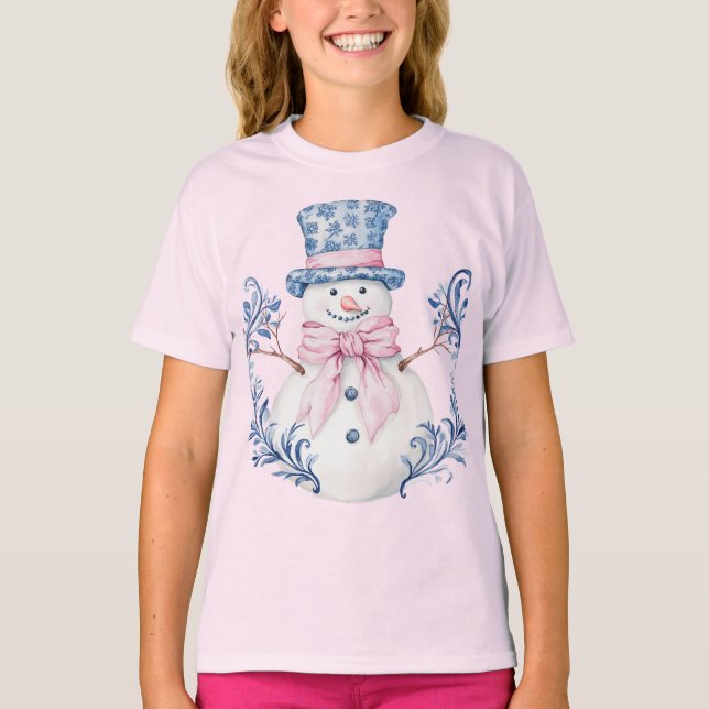 Rosa und blaue Grandmillennialer Schneemann T-Shirt (Vorderseite)