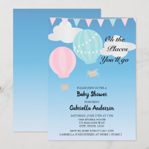 Rosa und blaue Heißluftballon Babydusche Einladung