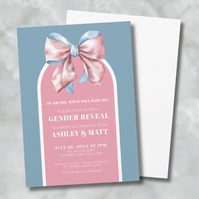 Rosa und blaue Kuh-Geschlecht offenbart Party Einladung (Pink And Blue Bow Gender Reveal Party Invitation)