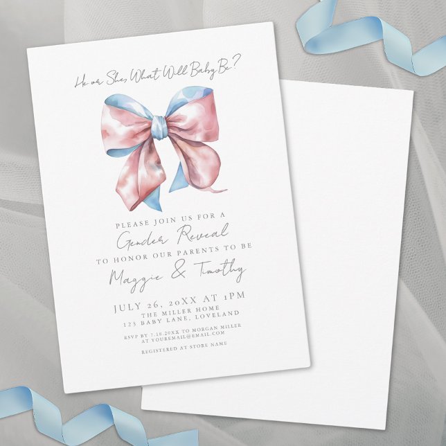 Rosa und blaue Kuh-Geschlecht offenbart Party Einladung (Pink And Blue Bow Gender Reveal Party Invitation)