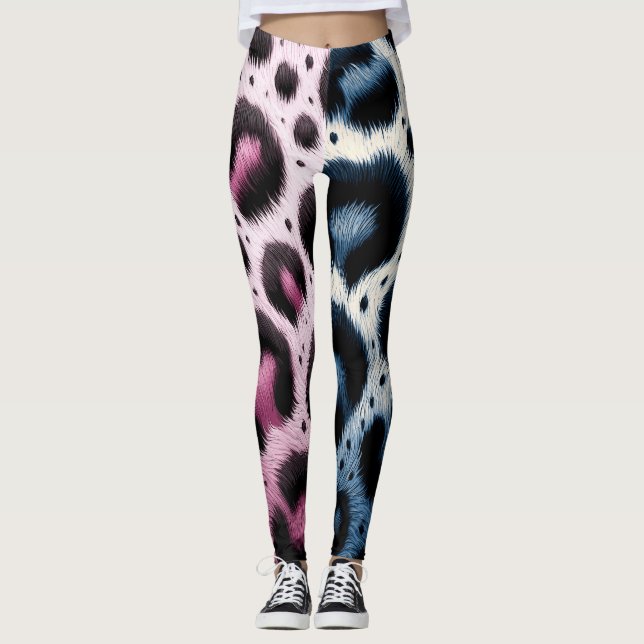 Rosa und blaue Leoparden Pelztierdrucke Leggings (Vorderseite)