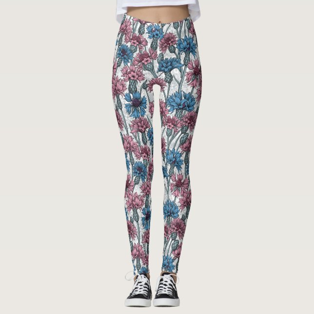 Rosa und blaue Maisblumen, weiße Blume Leggings (Vorderseite)