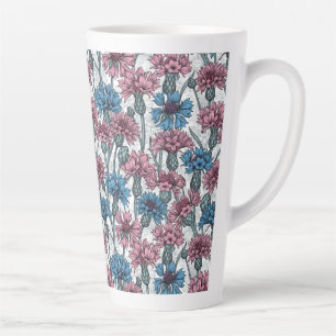 Rosa und blaue Maisblumen, weiße Blume Milchtasse
