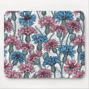 Rosa und blaue Maisblumen, weiße Blume Mousepad