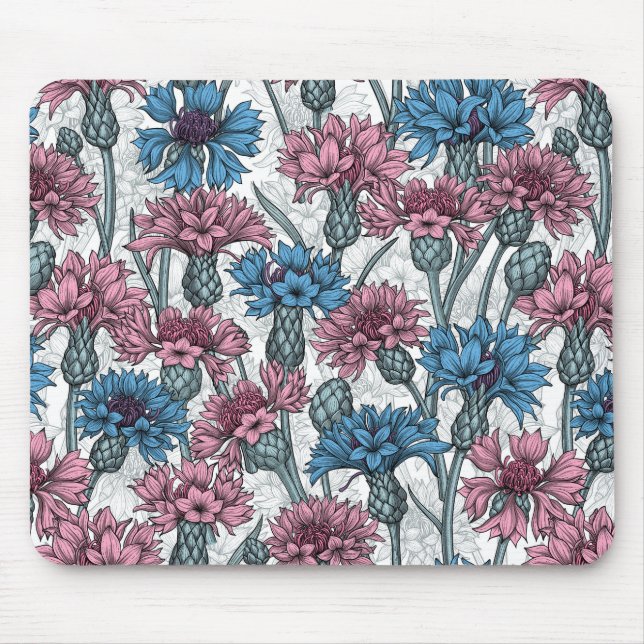Rosa und blaue Maisblumen, weiße Blume Mousepad (Vorne)