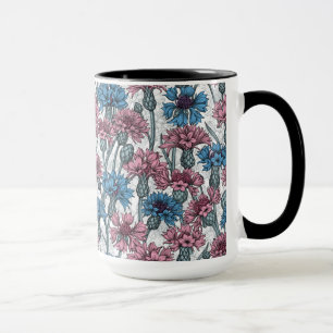 Rosa und blaue Maisblumen, weiße Blume Tasse