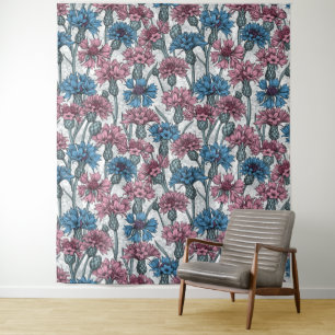 Rosa und blaue Maisblumen, weiße Blume Wandteppich