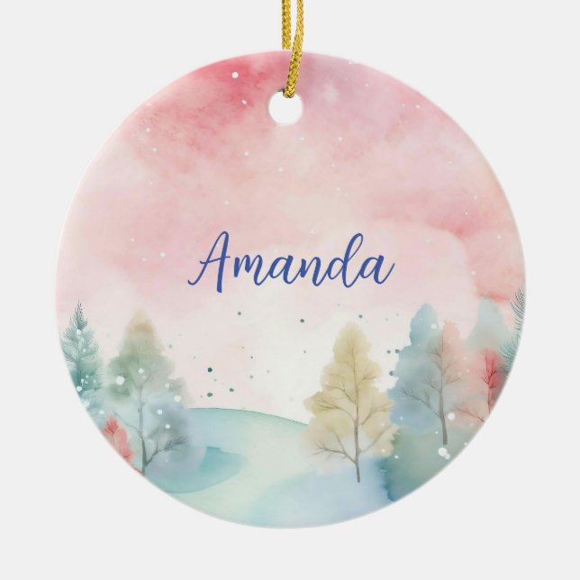 Rosa und blaue Mattierte Aquarellbäume Keramik Ornament (Vorne)