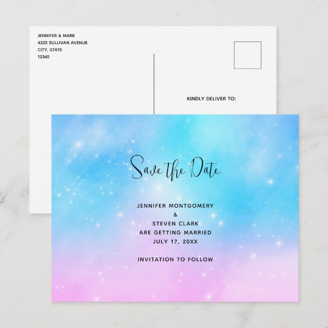 Rosa und blaue Pastellfarben Gradient Sky Save the Einladungspostkarte (Vorne/Hinten)