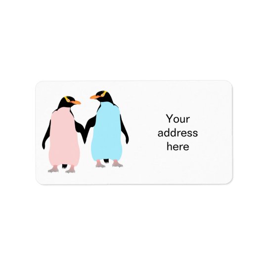 Rosa und blaue Pinguine, die Hände halten Adressaufkleber