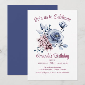 Rosa und blaue Rosen Geburtstagsfeier Einladung