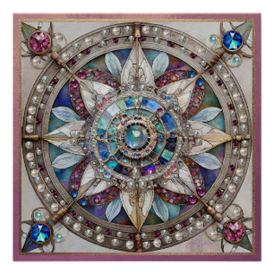 Rosa und Blaue Saphire Diamanten Perlen Mandala Poster