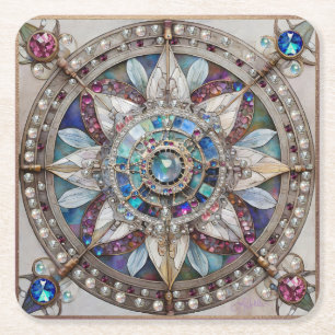 Rosa und Blaue Saphire Diamanten Perlen Mandala Rechteckiger Pappuntersetzer