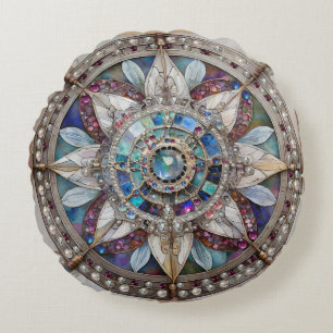 Rosa und Blaue Saphire Diamanten Perlen Mandala Rundes Kissen