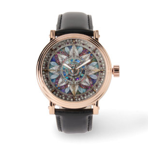 Rosa und blaue Saphire Diamonds Pearls Mandala Armbanduhr