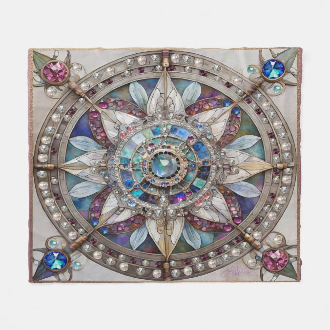 Rosa und blaue Saphire Diamonds Pearls Mandala Fleecedecke (Vorderseite (Horizontal))