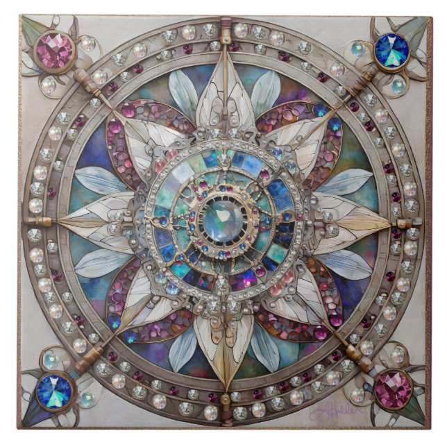 Rosa und blaue Saphire Diamonds Pearls Mandala Fliese (Vorderseite)
