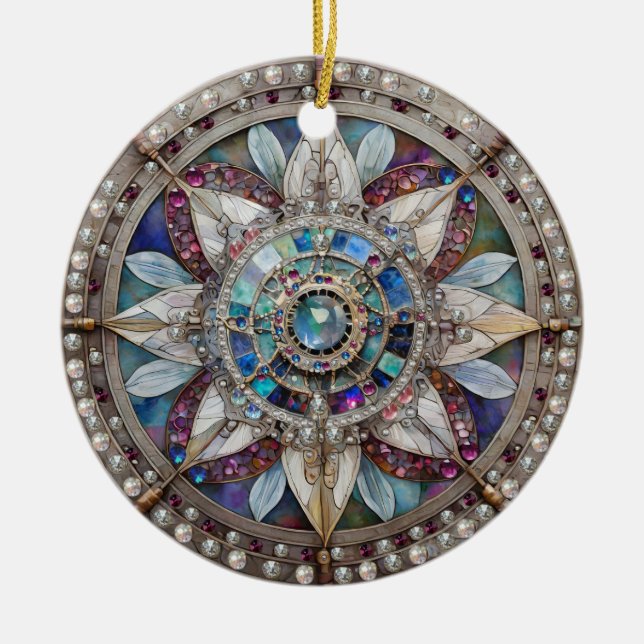 Rosa und blaue Saphire Diamonds Pearls Mandala Keramik Ornament (Vorne)