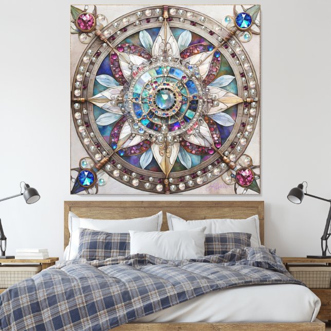 Rosa und blaue Saphire Diamonds Pearls Mandala Leinwanddruck (Insitu (Schlafzimmer))