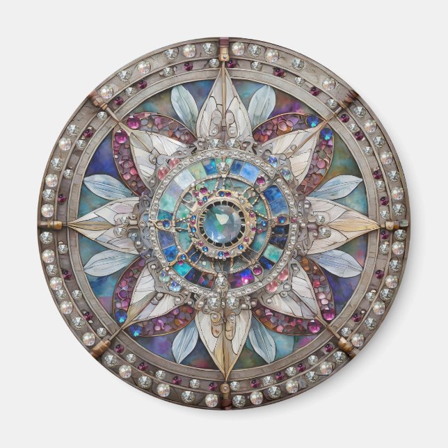 Rosa und blaue Saphire Diamonds Pearls Mandala Magnet (Vorne)