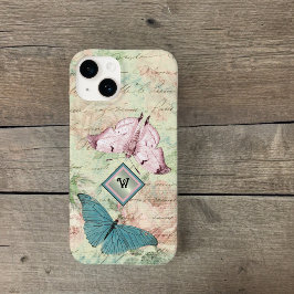 Rosa und blaue Schmetterlinge und Rose mit Monogra Case-Mate iPhone 14 Hülle