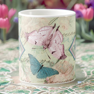 Rosa und blaue Schmetterlinge und Rose mit Monogra Kaffeetasse