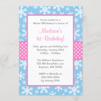 Rosa und blaue Schneeflocken Winter Onederland Einladung
