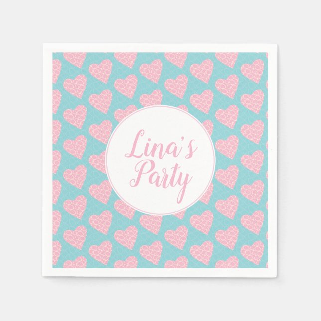 Rosa und blaue Scribble Hearts Valentinstag Party Serviette (Vorderseite)