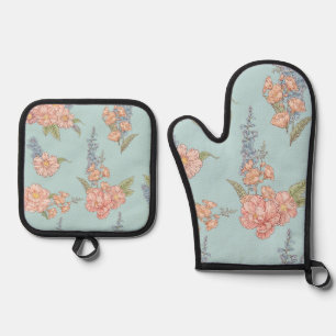 Rosa und blaue Shabby Chicen Ofenhandschuh & Topflappen-Set