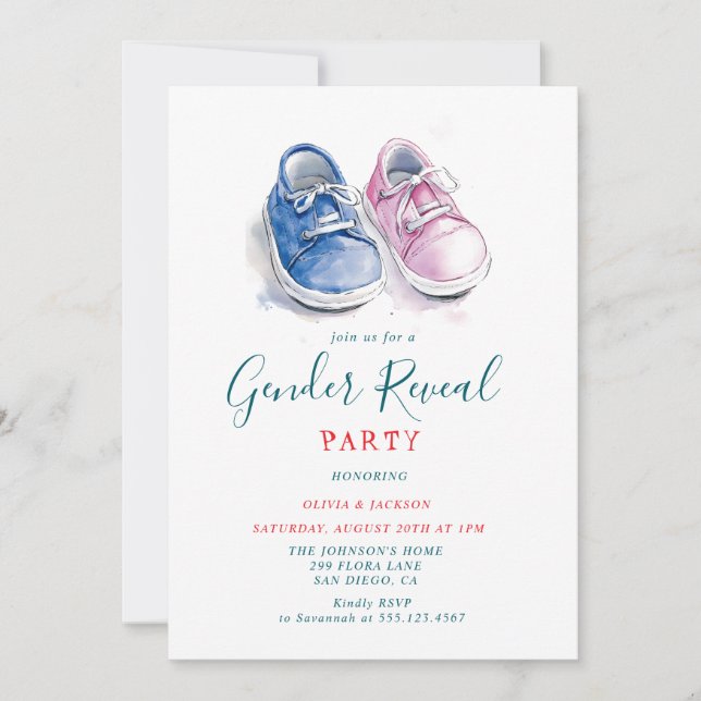 Rosa und blaue Sneakers Gender Reveal Party Einladung (Vorderseite)