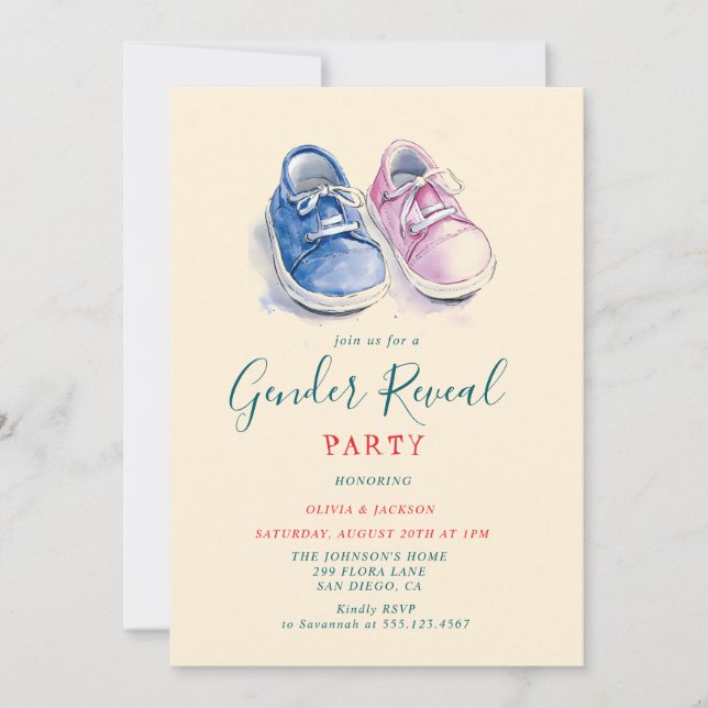 Rosa und blaue Sneakers Gender Reveal Party Einladung (Vorderseite)