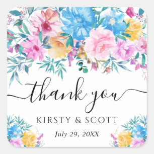 Rosa und blaue Sommerblumen Hochzeit Quadratischer Aufkleber
