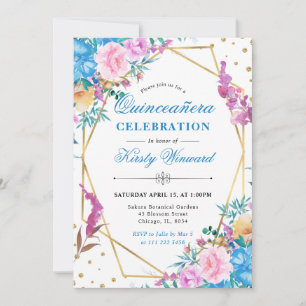 Rosa und blaue Sommerblumenrahmen Quinceanera Einladung