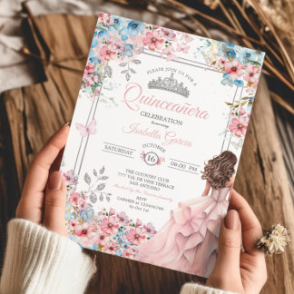 Rosa und blaue Tiara Blumen Quinceañera Einladung