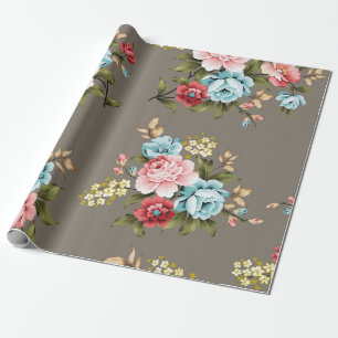Rosa und blaue Vintage-Blumen mit Grün und Creme Geschenkpapier