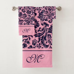Rosa und blaue Vintage-Damaskus-Monogrammbadetüche Badhandtuch Set