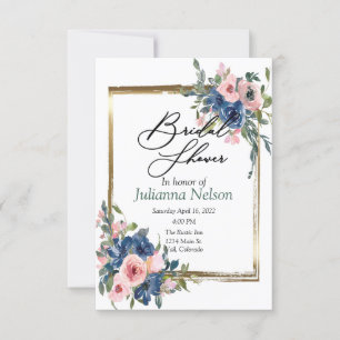 Rosa und blaue Wasserfarbe floral mit goldenem Rah Einladung