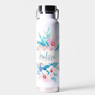 Rosa und blaue Wasserfarbe florale personalisiert Trinkflasche
