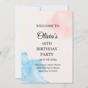 Rosa und blaue Wasserfarbe Sweet 16. Geburtstag Einladung